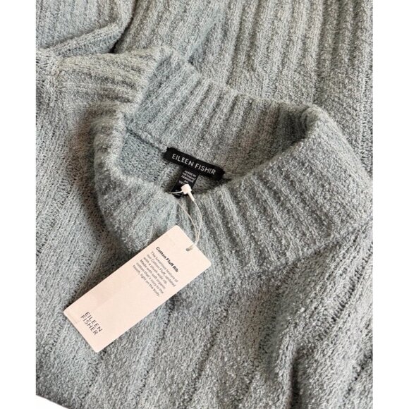 Eileen Fisher LARGE FROST Organic Cotton/Cashmere Fluffy Rib Turtleneck Sweater - Picture 10 of 12